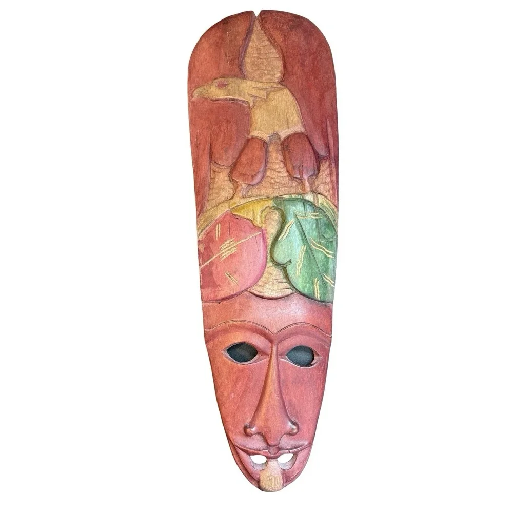 Hand Carved African Wood Wall Mask, Red,Green and Tan Color Bird